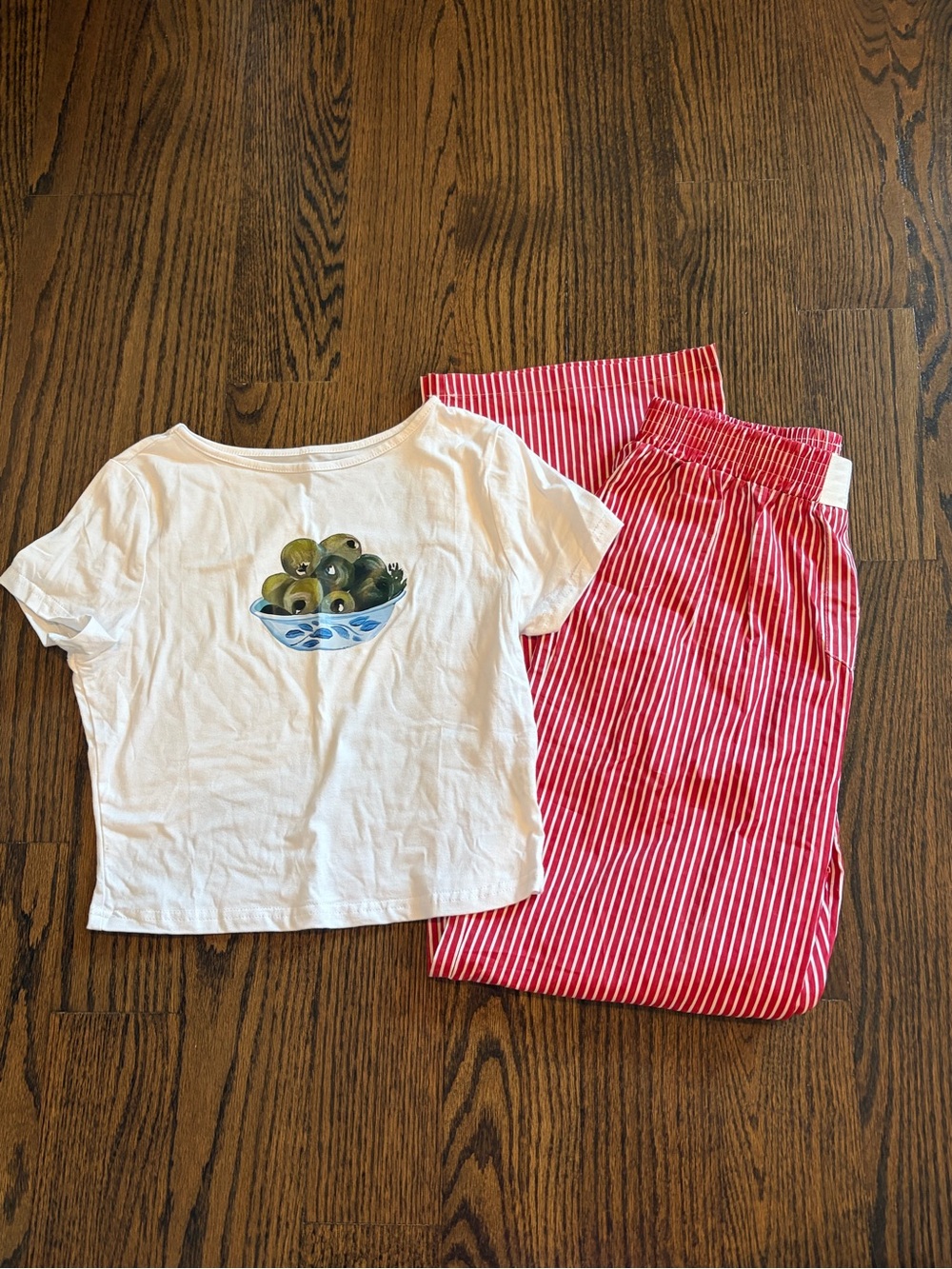 White Short-Sleeve Top & Red Striped Pajama Pants Set